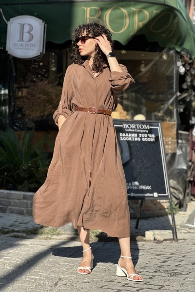 Kadın Modal Kumaş Gizli Düğmeli Kahverengi Deri Kemerli Gömlek Elbise