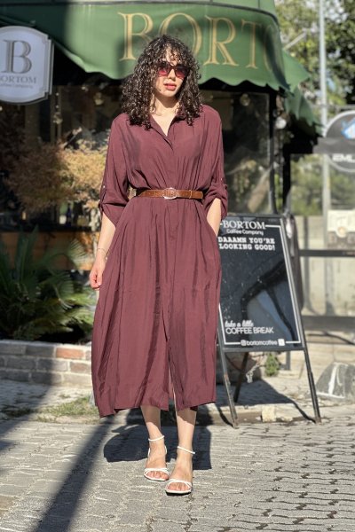 Kadın Modal Kumaş Gizli Düğmeli Kahverengi Deri Kemerli Gömlek Elbise