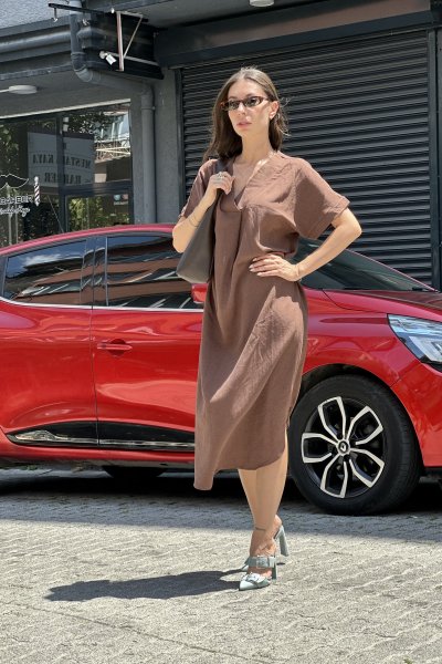 Kadın V Yaka Keten Elbise