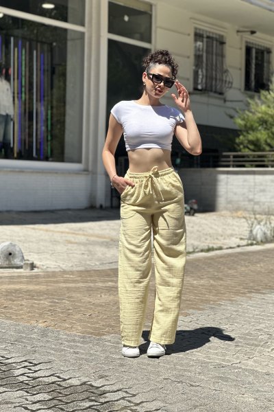 Kadın Müslin Keten Beli Lastikli Bağcıklı Bol Paça Pantolon