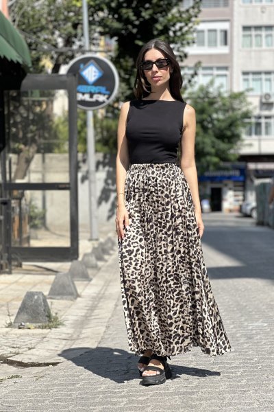 Kadın Leopar Desen Lastikli Saten Etek
