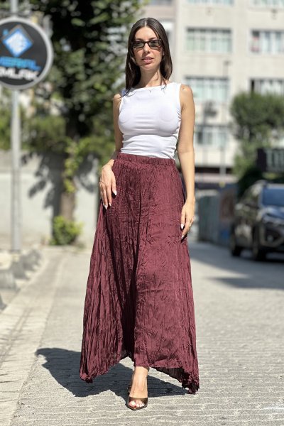 Kadın Beli Lastikli Kırışık Saten Etek