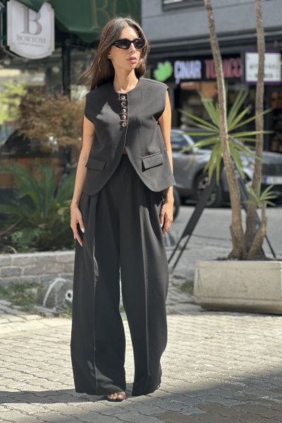 9595 Kadın Üstten Sık Kemik Düğmeli Yelek Pantolon Takım