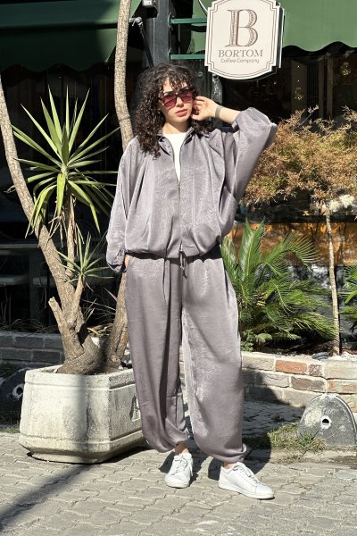 Kadın Yarasa Kol Fermuarlı Saten Bomber Ceket