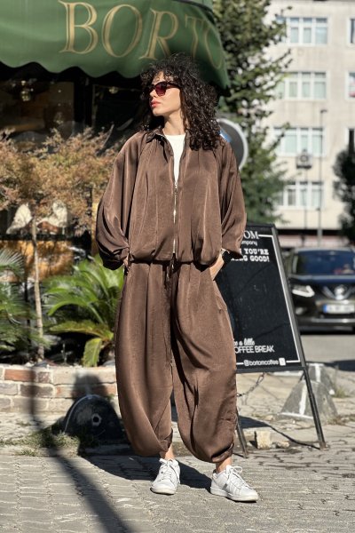 9584 Kadın Yarasa Kol Fermuarlı Saten Bomber Ceket