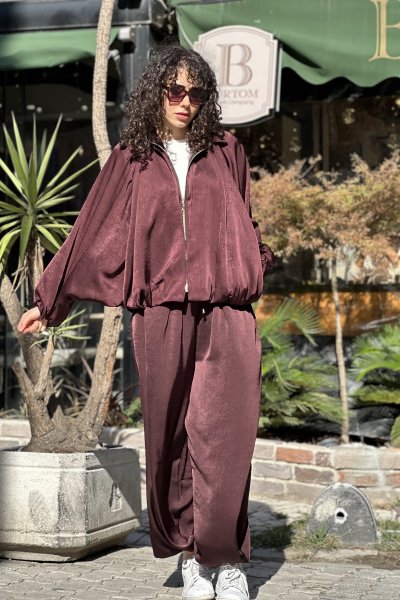 Kadın Yarasa Kol Fermuarlı Saten Bomber Ceket