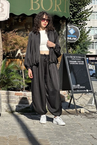 Kadın Yarasa Kol Fermuarlı Saten Bomber Ceket