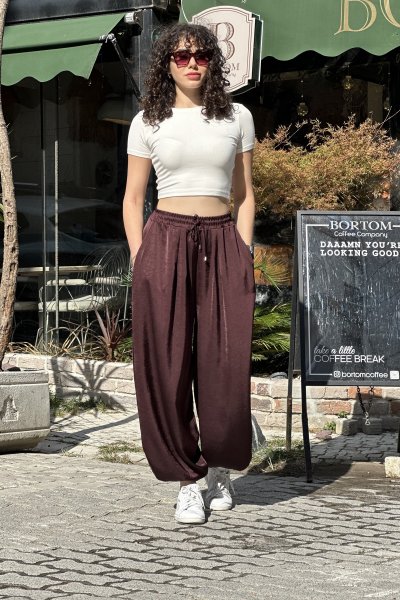 51199 Kadın Beli Lastikli Bağcıklı Saten Şalvar Pantolon