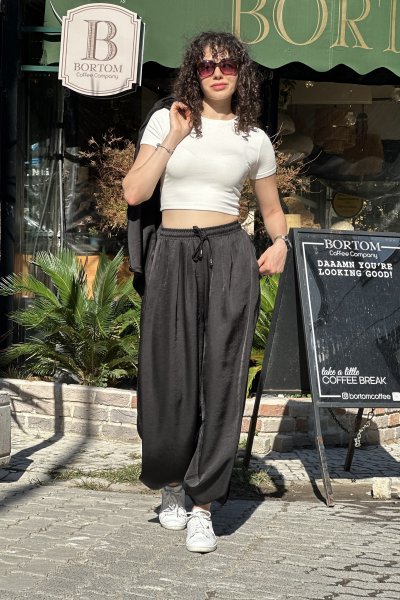 Kadın Beli Lastikli Bağcıklı Saten Şalvar Pantolon