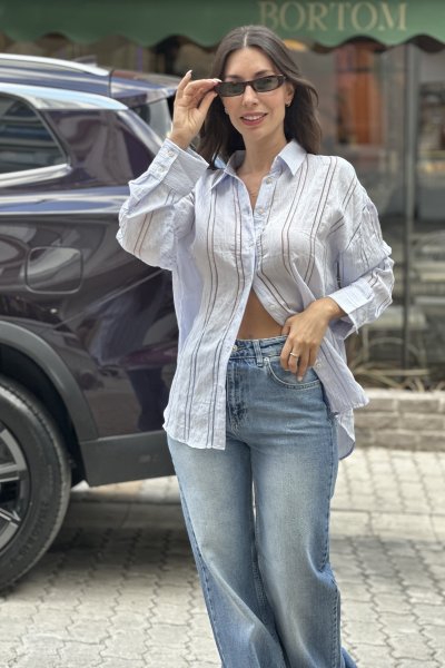 Kadın Orjinal Kendiliğinden Çizgili Yumaşak Dokulu Gömlek