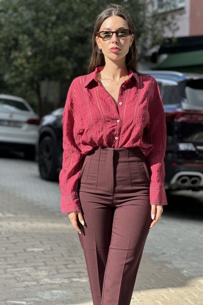 Kadın Orjinal Kendiliğinden Çizgili Yumaşak Dokulu Gömlek