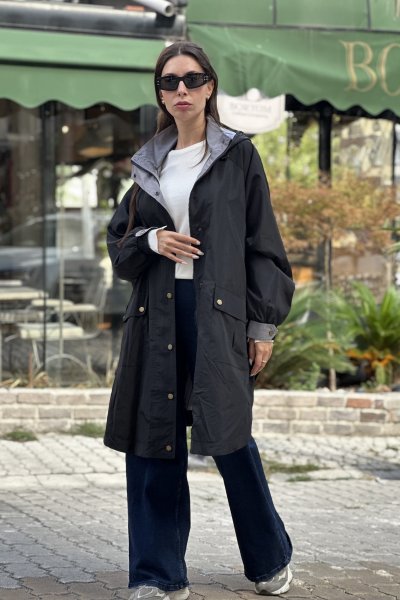 Kadın Uzun Kapşonlu Fermuarlı Düğmeli Uzun Trençkot