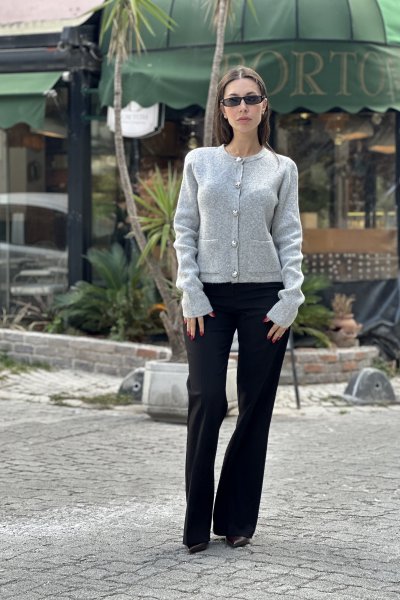 60935 Kadın Bisiklet Yaka Pullu Simli Düğmeli Triko Hırka