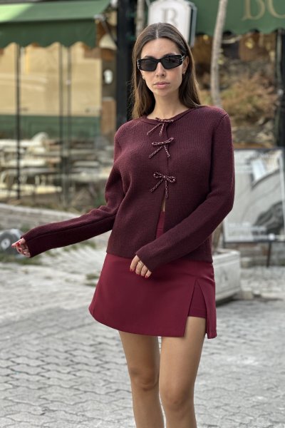 Kadın İncili Fiyonk Aksesuarlı Triko Hırka