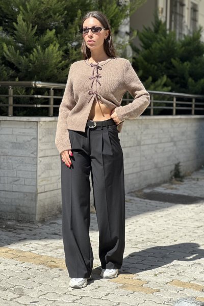 72171 Kadın Kemerli Geniş Paça Kumaş Palazzo Pantolon