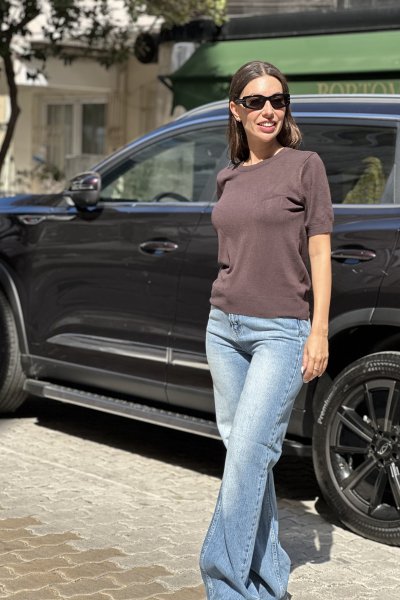 10779 Kadın Bisiklet Yaka Kısa Kol Basic Triko Bluz