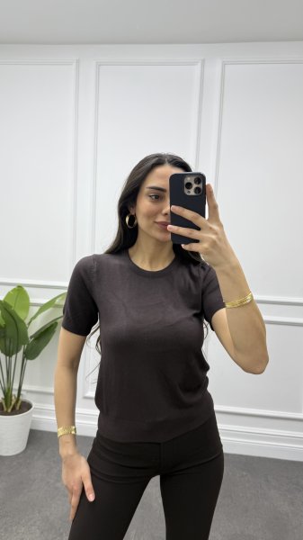 Kadın Bisiklet Yaka Kısa Kol Basic Triko Bluz