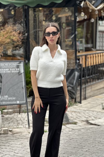 Kadın Polo Yaka Yumuşak Dokulu Kısa Kol Triko Kazak