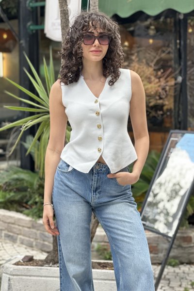 Kadın Çelik Örme Gold Düğme Yelek