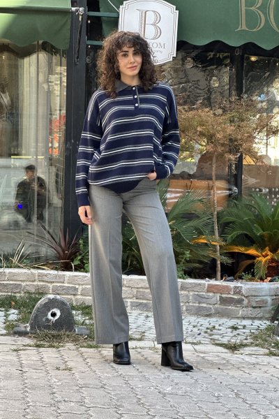 Kadın Polo Yaka Düğmeli Çizgili Kazak