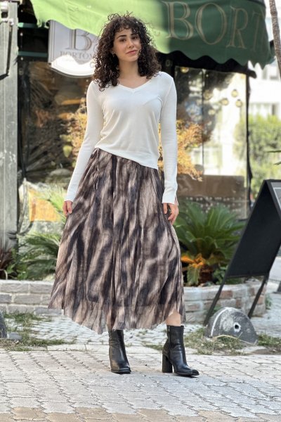 Kadın Beli Lastikli Yanlardan Bağcıklı Çift Renk Uzun Etek