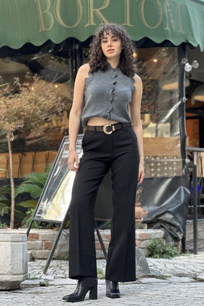 Kadın Gold Büyük Kemerli Palazzo Pantolon