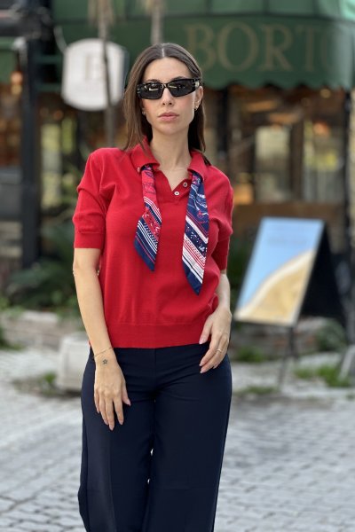 Kadın Polo Yaka Fularlı Kısa Kol Triko