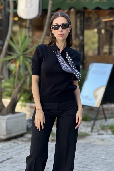 Kadın Polo Yaka Fularlı Kısa Kol Triko