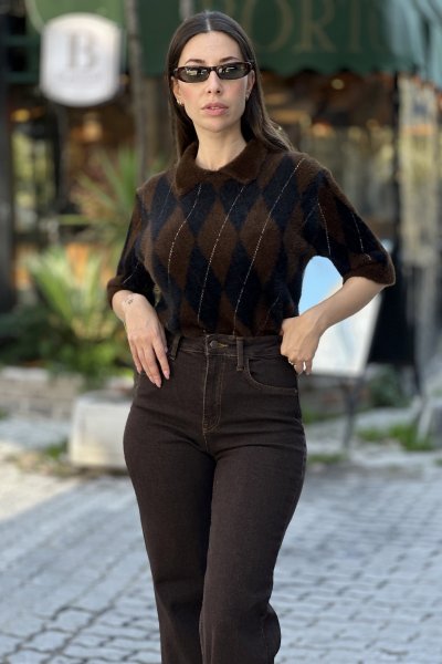 Kadın Polo Yaka Baklava Desen Yumoş Kısa Kol Triko Kazak