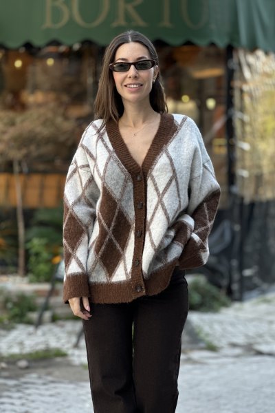 Kadın V Yaka Şardonlu Baklava Desen Hırka