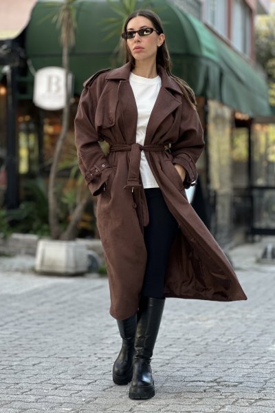 Kadın Omzu Vatkalı Apoletli Süet Kemerli Trençkot