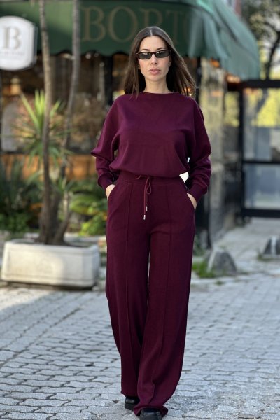 Kadın Triko Kayık Yaka Kazak Çimalı Eşofman Takım