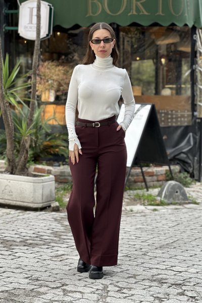 Kadın İnce Kahve Kemerli Likralı Palazzo Pantolon