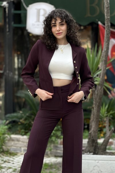 6283 Kadın Sıfır Yaka Düz Sık Yuvarlak Düğmeli Crop Ceket