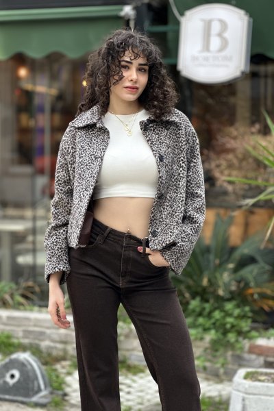 Kadın Leopar Kısa Kürk Ceket