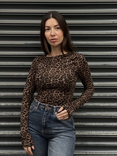 Kayık Yaka Uzun Kollu Leopar Transparan