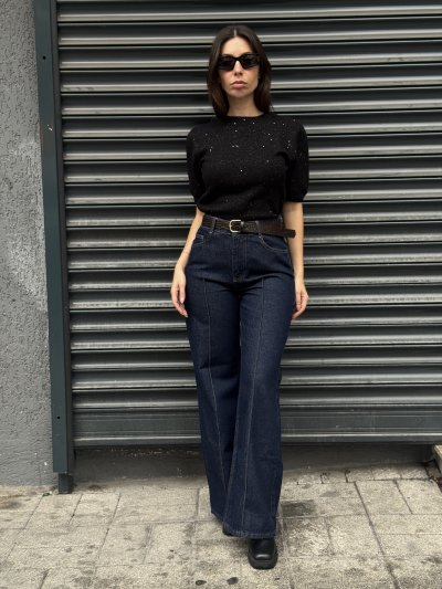 Kadın Nervür Dikişli Kahve Kemerli Kot Pantolon