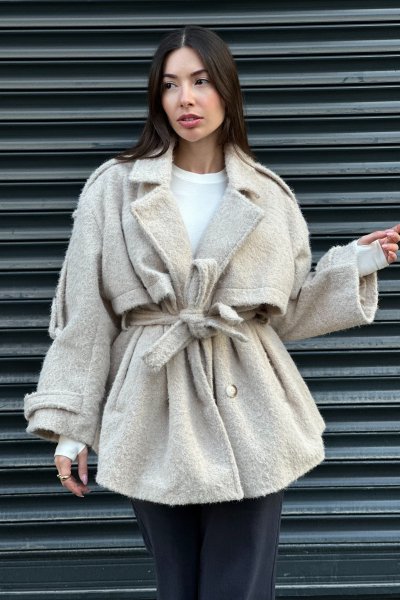 Kadın İç Astarlı Apoletli Kırçıllı Midi Kaban