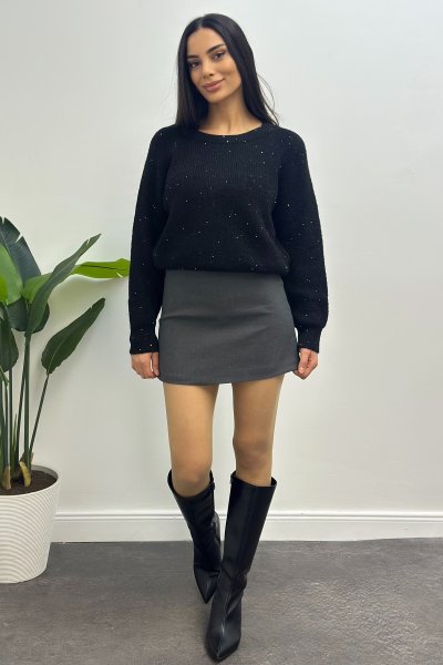 Kadın Simli ve Pullu Basic Uzun Kol Kazak