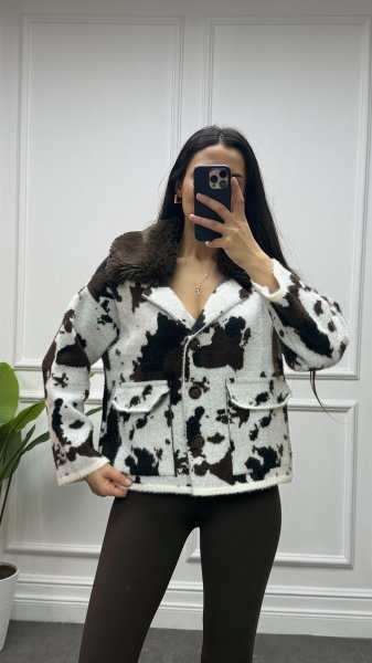 Kadın Angora Yaka Kürklü Önden Cepli Düğmeli Yumoş Hırka