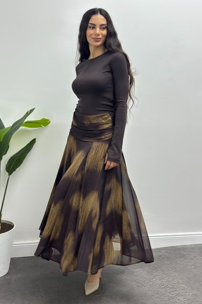 İçi Astarlı Simli Desenli Şifon Uzun Etek