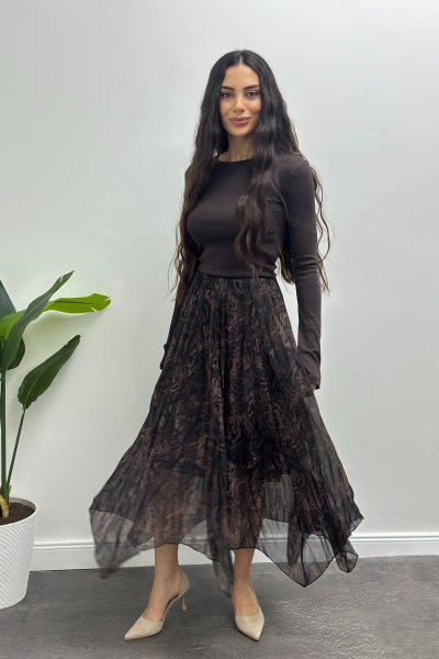Kadın İçi Astarlı Kırışık Asimetrik Kesim Uzun Şifon Etek