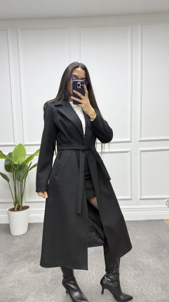 Kadın Erkek Yaka Astarlı Kuşaklı Düğmesiz Uzun Kaşe Kaban