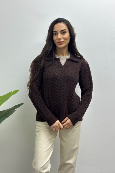 Kadın Gömlek Yaka Örgü Detay Uzun Kol Kazak
