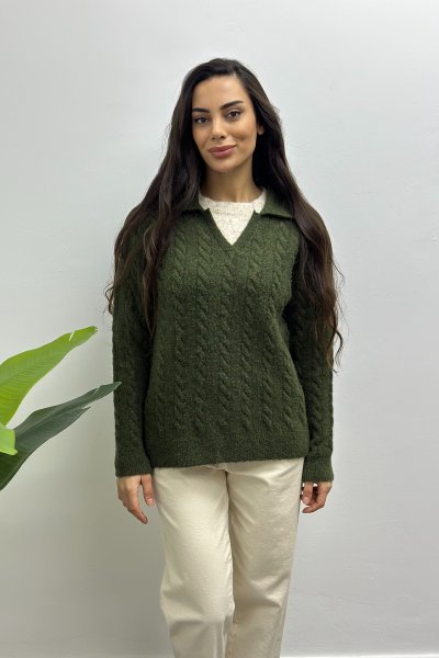 Kadın Gömlek Yaka Örgü Detay Uzun Kol Kazak