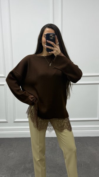 Kadın Bisiklet Yaka Dantel Detaylı Kazak