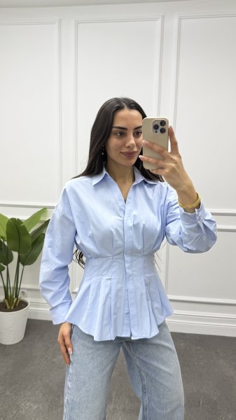 Kadın Gizli Düğmeli Belden Oturtmalı Gömlek
