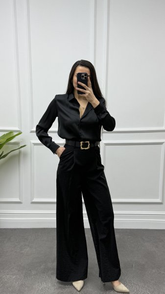 Kadın Kemerli Saten Geniş Pantolon