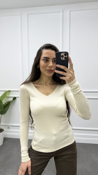 Kadın V Yaka Kaşmirli Ultra Hafif Triko Kazak