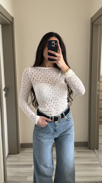 Kadın Kayık Yaka Transparan Dantel Bluz